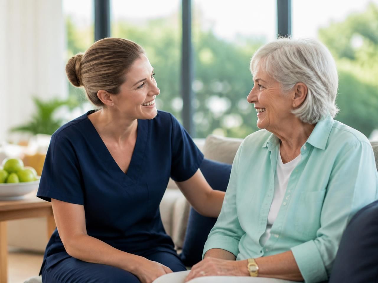 Registered nurse talking warmly with an older woman in her sunlit Gold Coast home