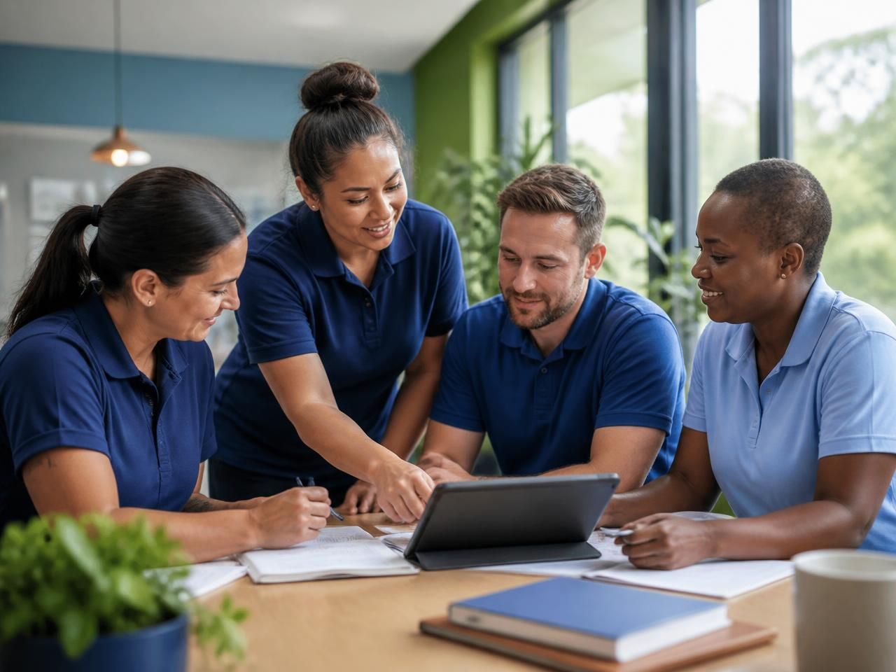 Support workers and nurses planning participant supports together in a bright office