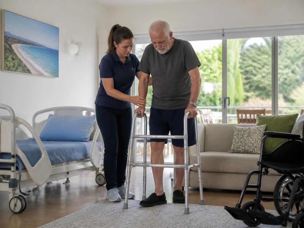 Carer guiding an older man through gentle walking practice with a frame in his living room after a hospital stay