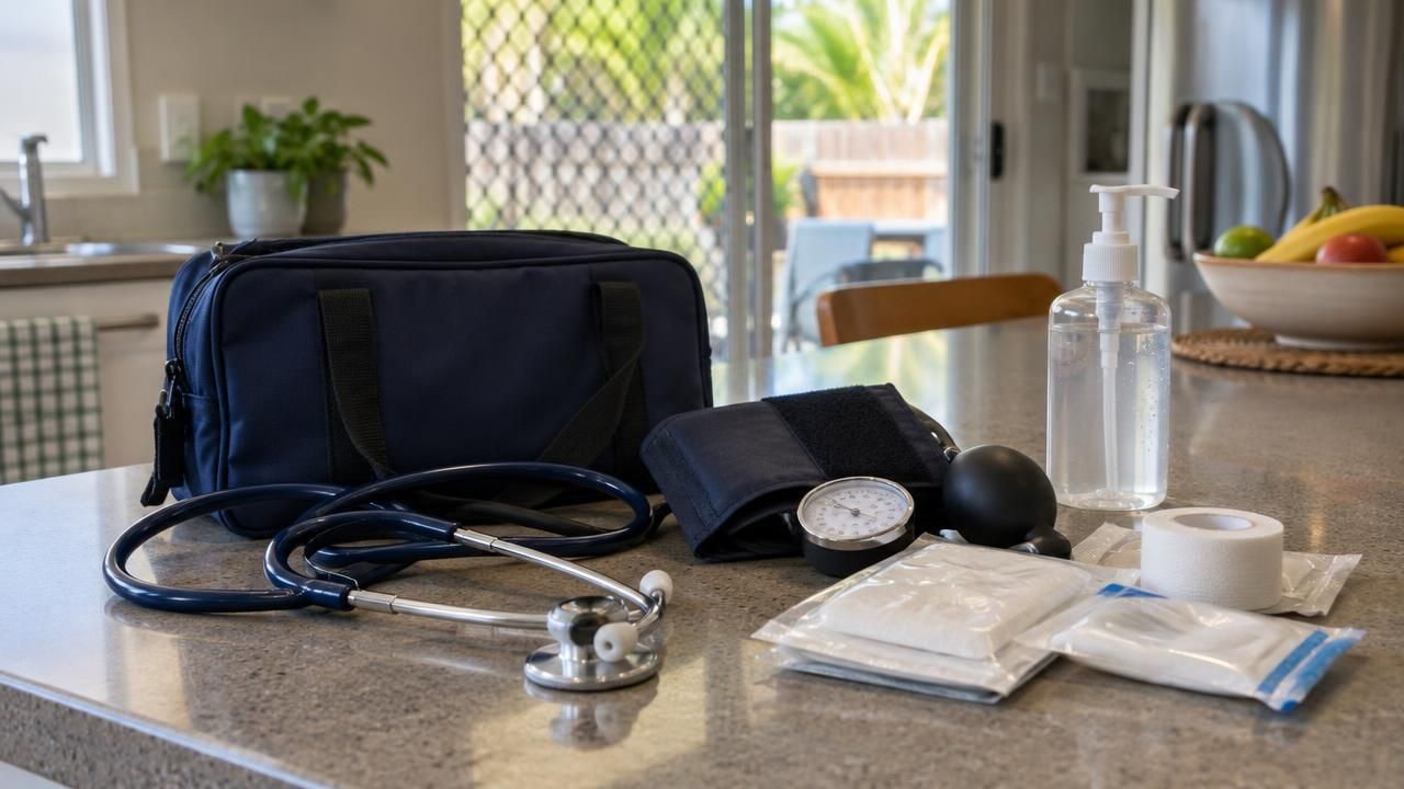 Community nursing kit with stethoscope, blood pressure cuff and dressings