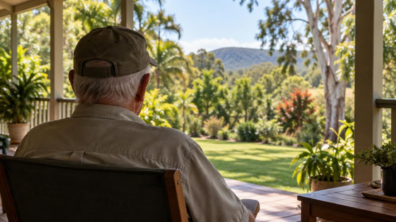 Older veteran seen from behind on a shaded Queensland verandah
