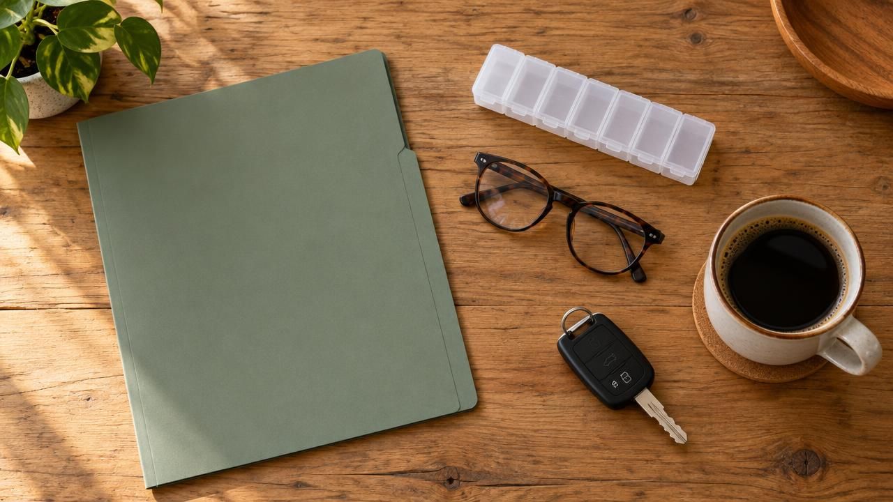 Discharge folder, pill organiser, glasses and car key on a timber table