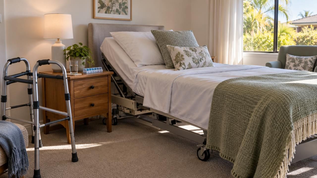 Bedroom prepared for a return from hospital with adjustable bed and walking frame