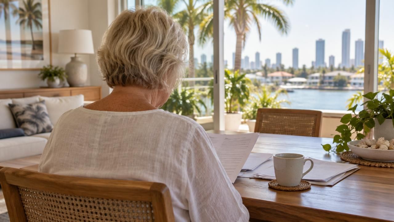 Older woman reading aged care paperwork at her Gold Coast dining table