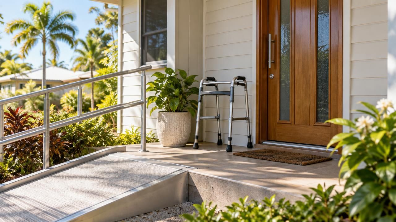 Queensland home entrance with a ramp, handrail and walking frame