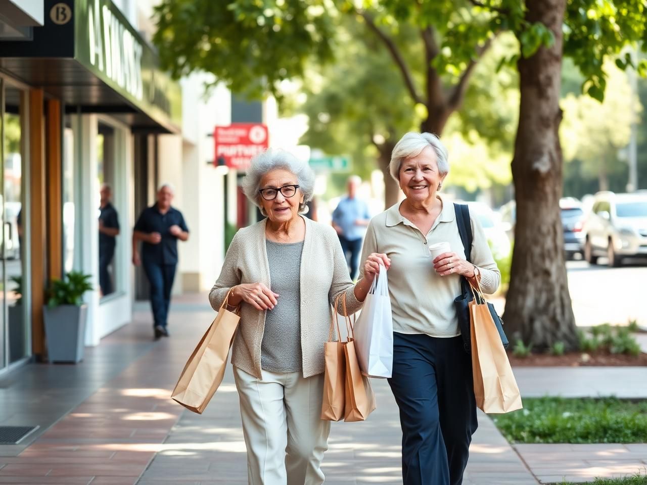 Older woman walking along a leafy shopping strip with a support companion carrying shopping bags