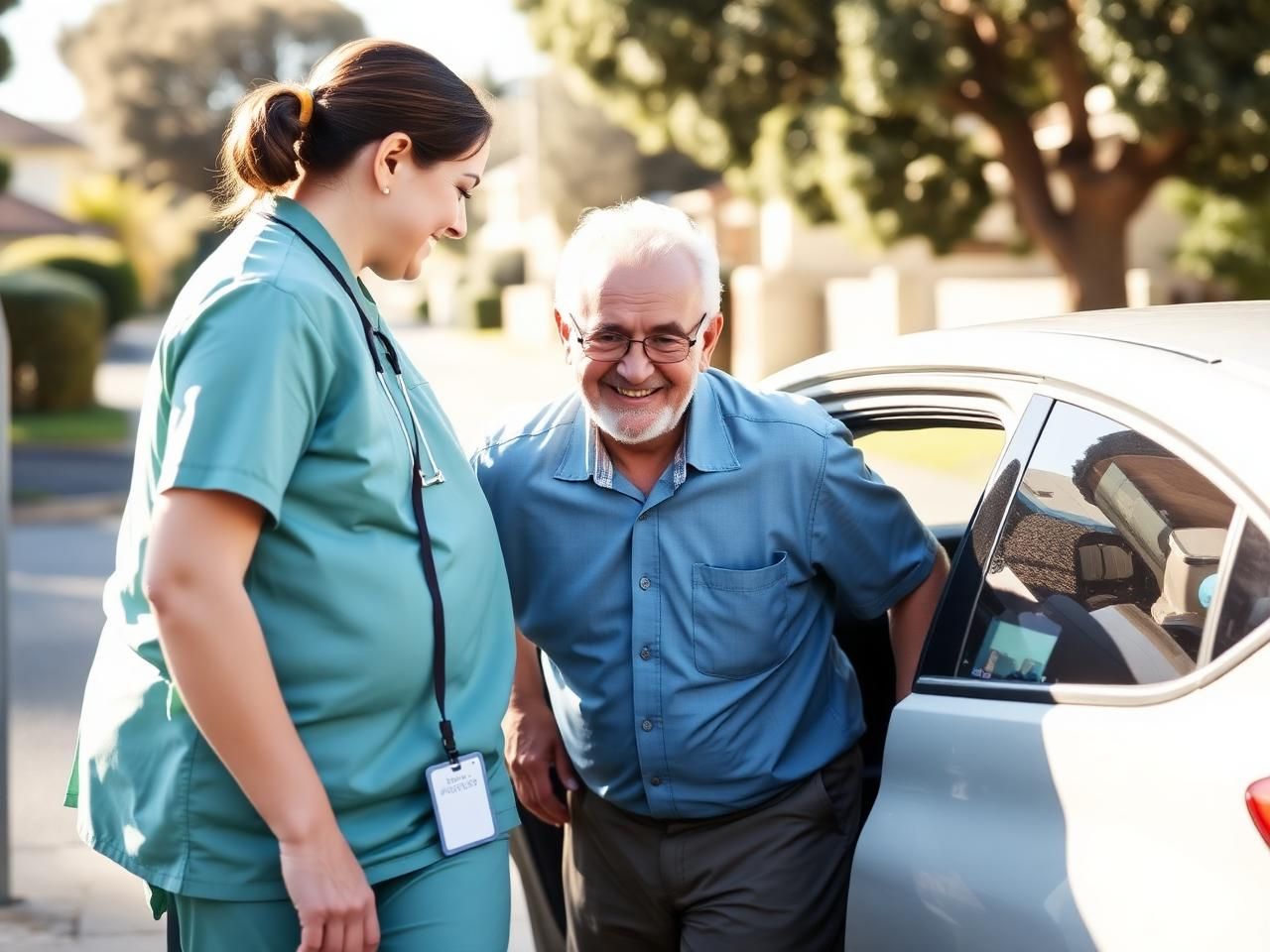 Support worker helping an older man out of a car in a sunny suburban street before an appointment