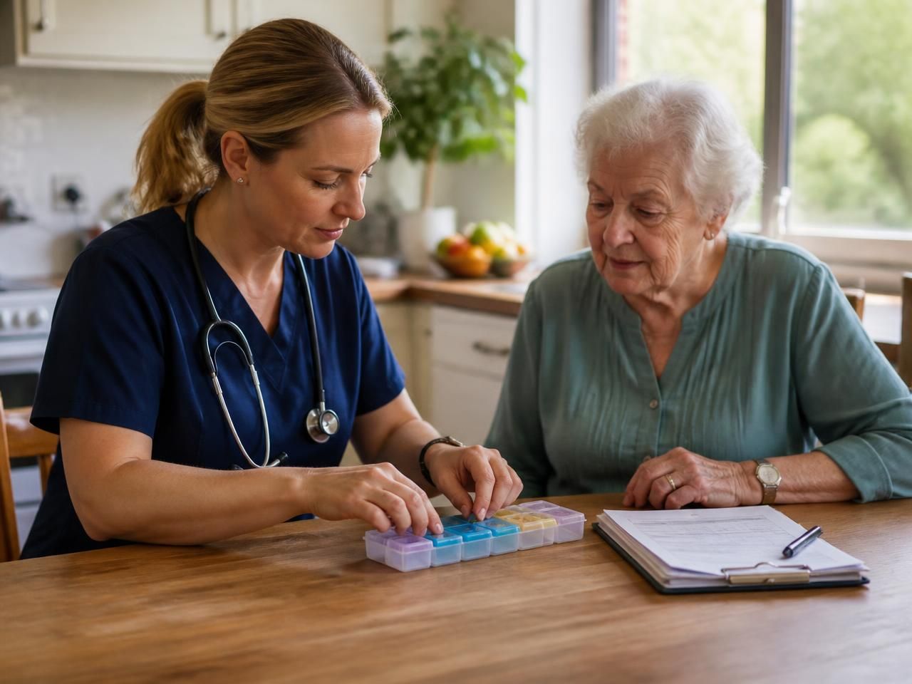 Community nurse organising a weekly medication planner with an older client in a sunlit kitchen