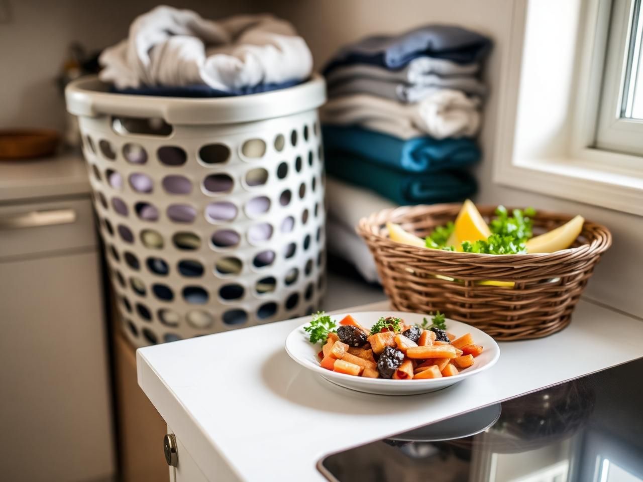 Freshly prepared meal and neatly folded laundry on a clean kitchen bench in an older person's home