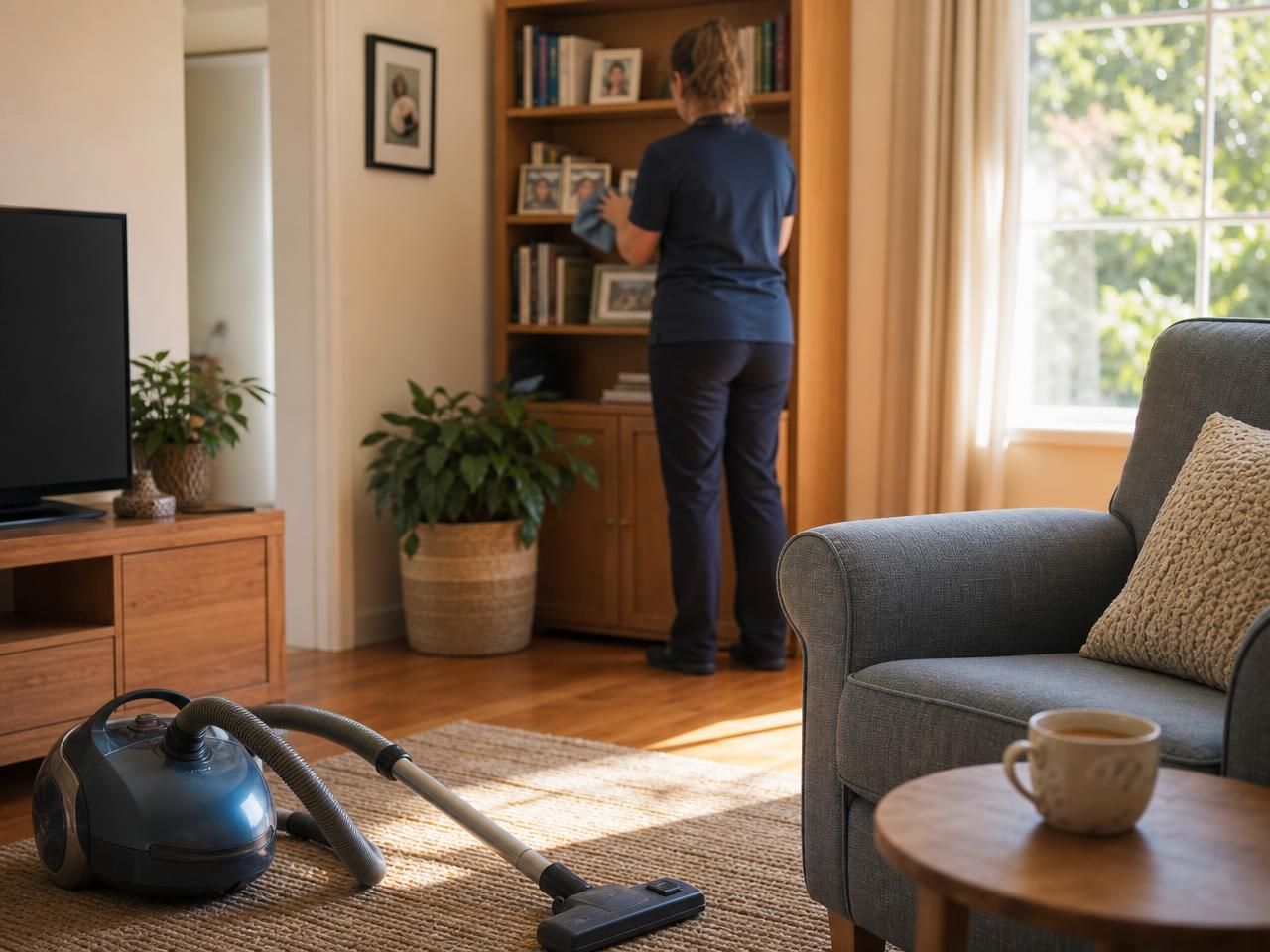Support worker tidying a sunlit living room while an older resident relaxes in an armchair