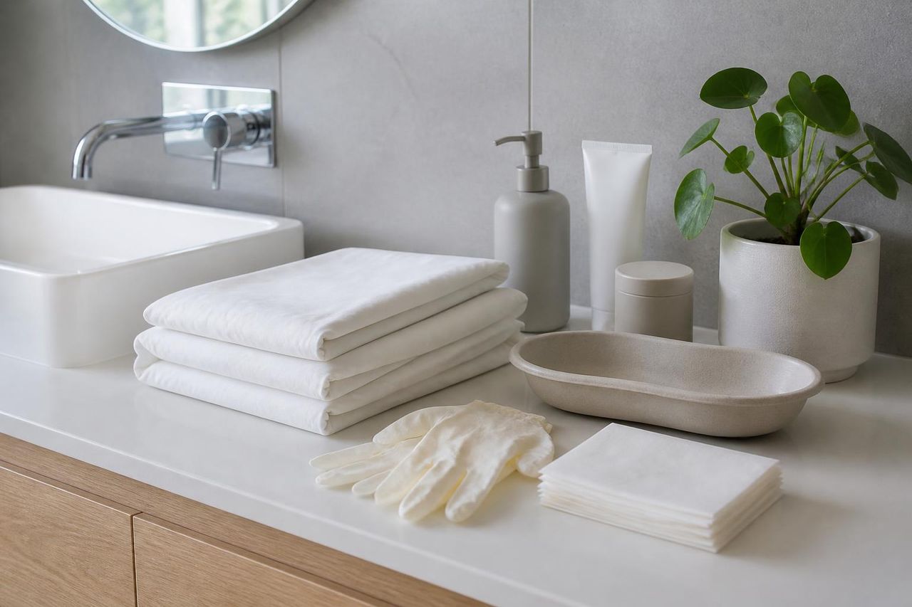 Folded white clinical linen, gloves and plain care supplies arranged neatly on a modern bathroom vanity