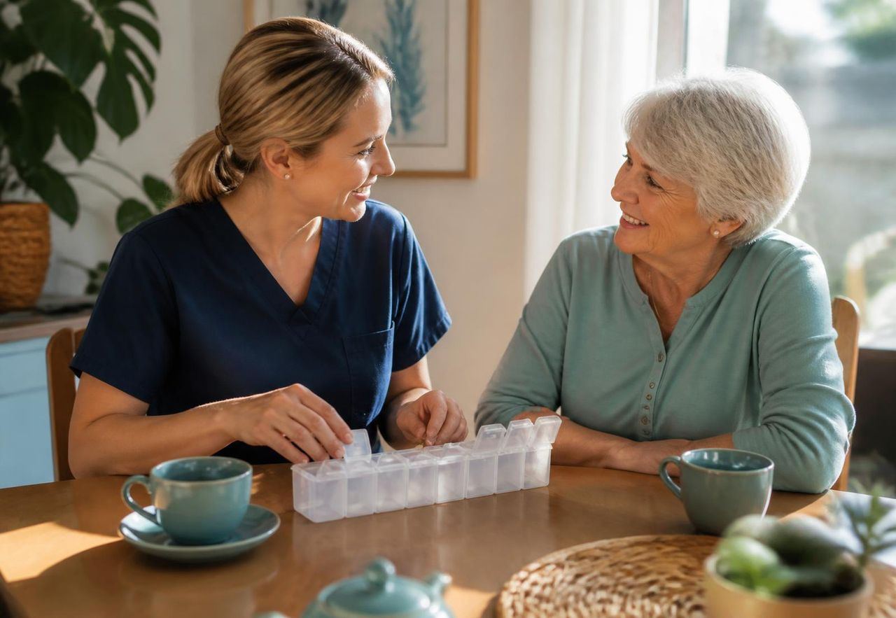 Community nurse and an older woman checking a weekly medication planner at a sunlit dining table