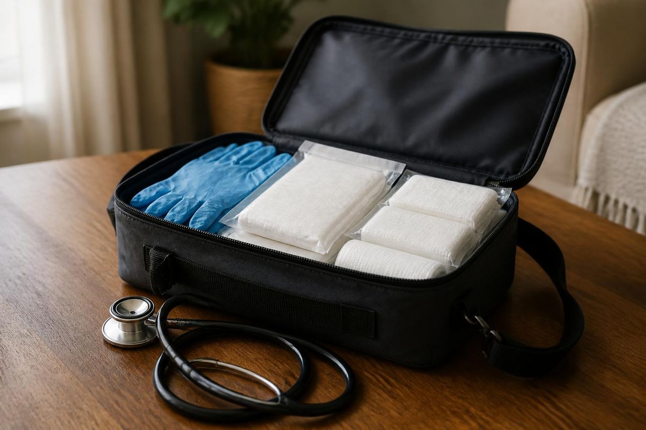 Open nursing supply bag with sterile gloves and dressing packs beside a stethoscope on a wooden table