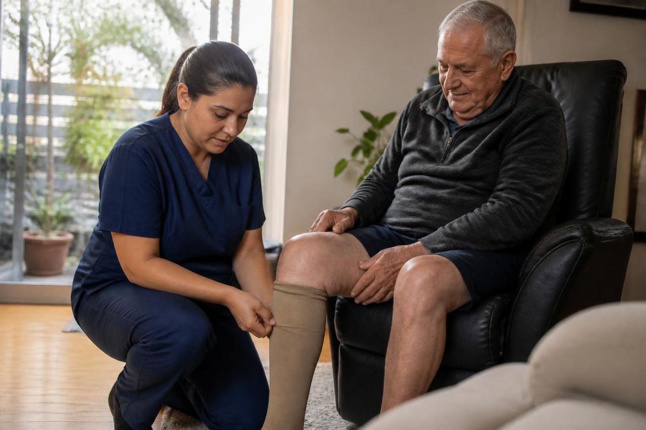 Community nurse helping an older veteran fit a compression stocking in his living room