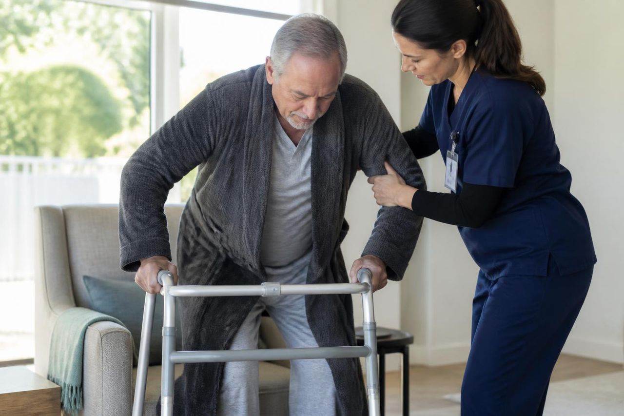 Community nurse steadying an older veteran with a walking frame at home after a hospital stay