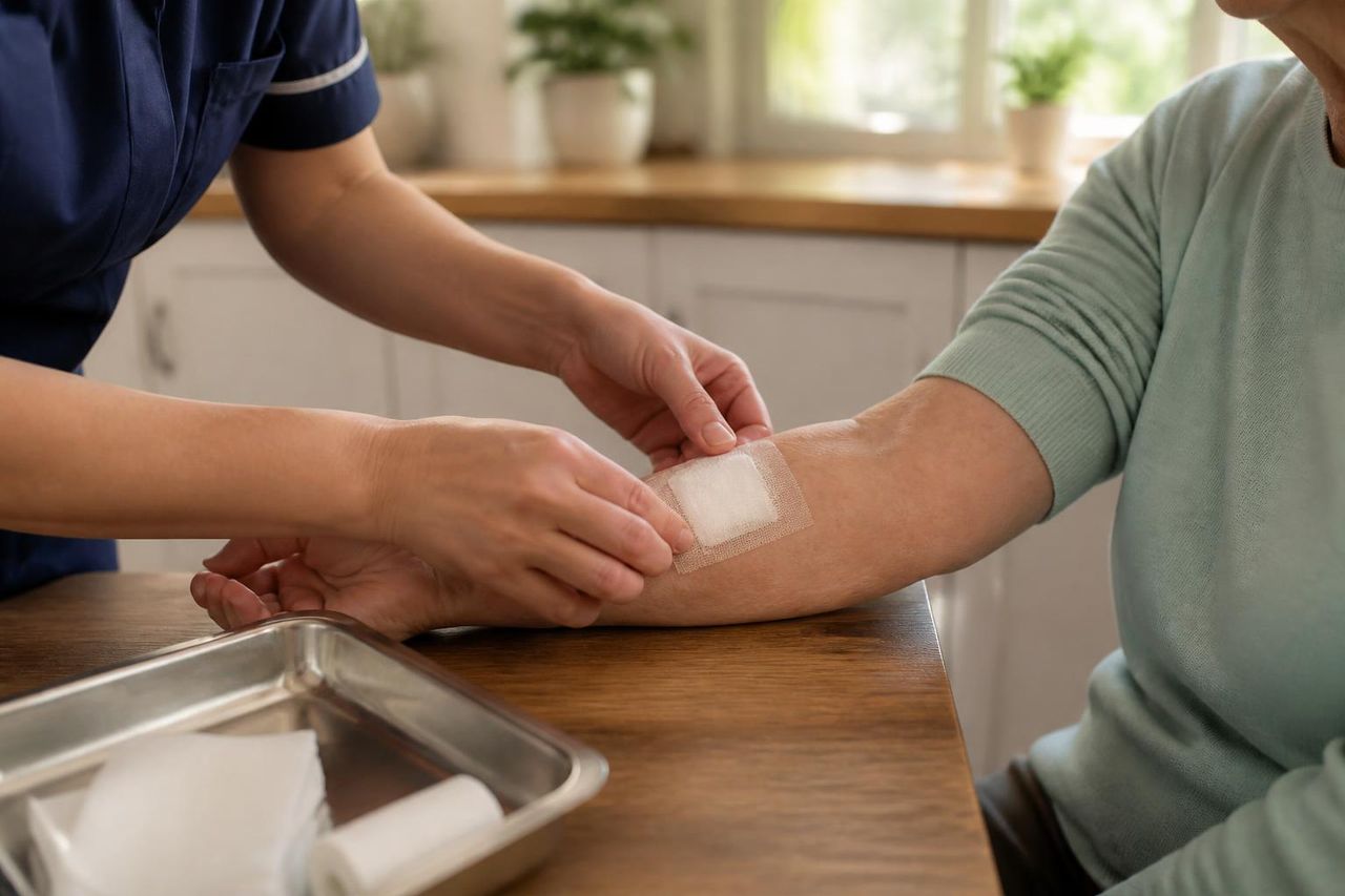 Nurse's hands checking a surgical dressing on an older person's forearm beside a sterile tray at home