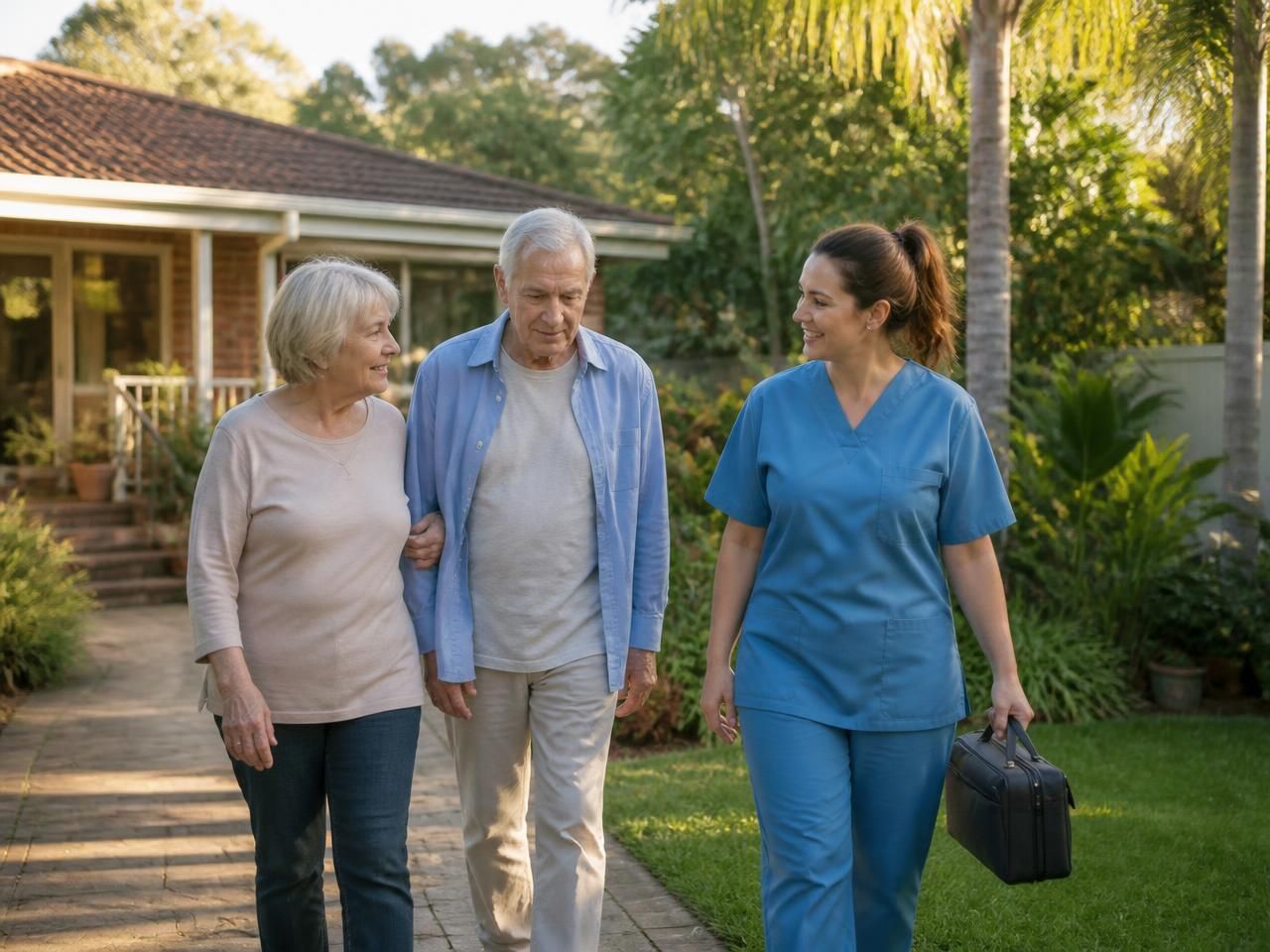 Nurse walking alongside an older couple in the garden of their suburban home