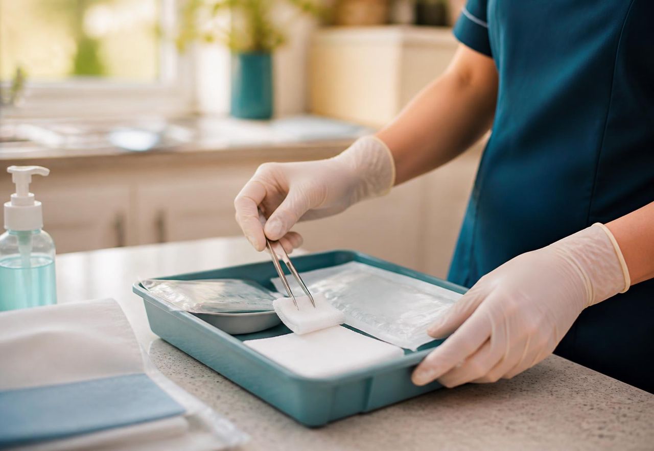 Gloved nurse hands preparing a sterile dressing tray on a clean home kitchen bench