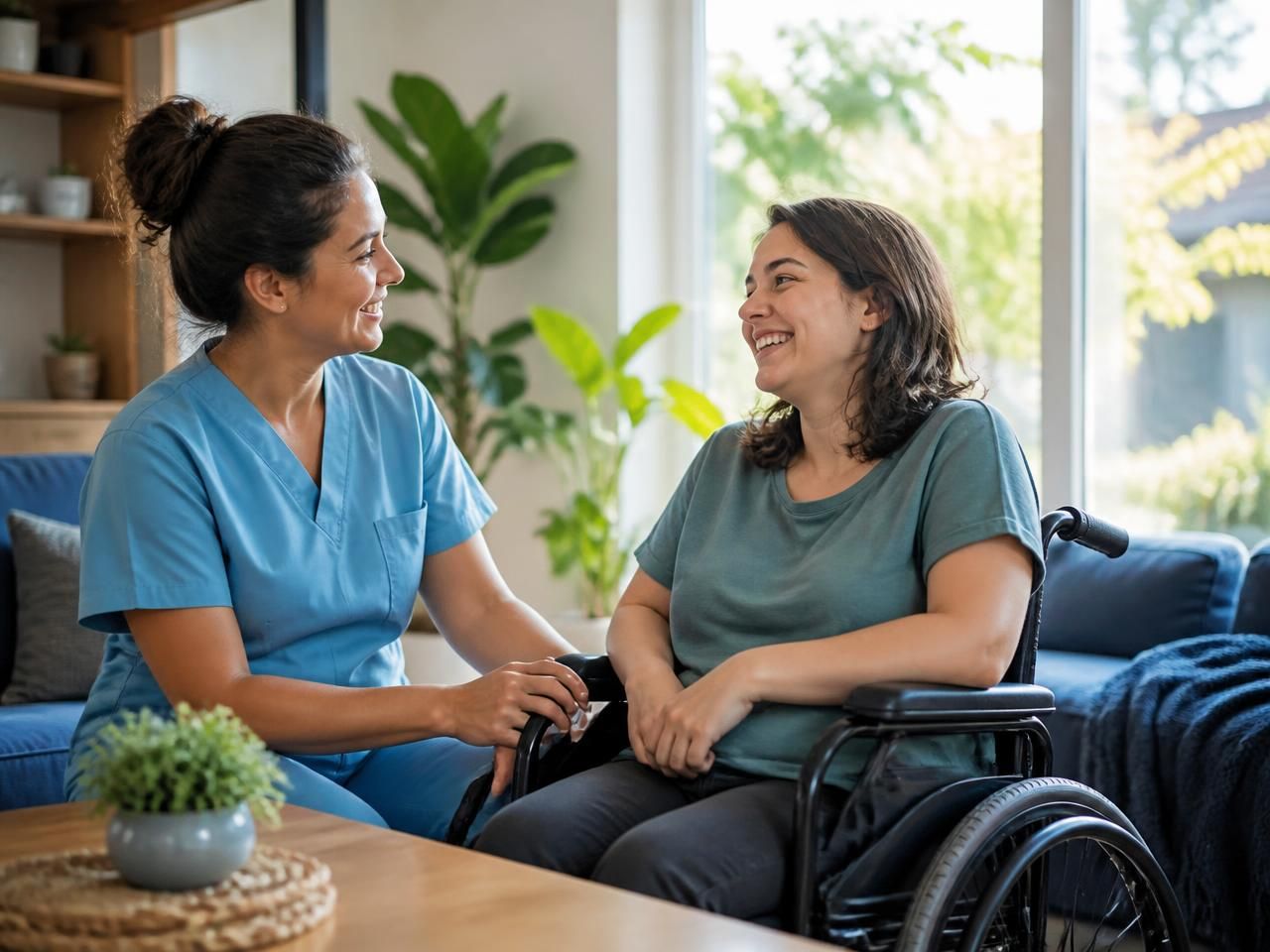 Support worker sitting with a smiling NDIS participant in a wheelchair in a bright Gold Coast home