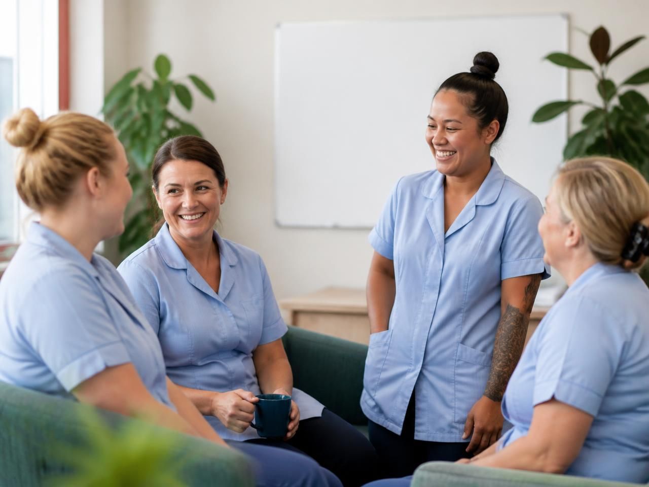 Team of community care nurses and support workers talking together in a light-filled office