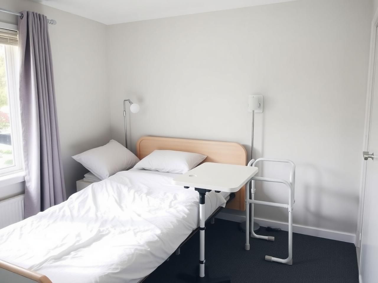 Bedroom set up for recovery at home with an adjustable bed, over-bed table and walking frame