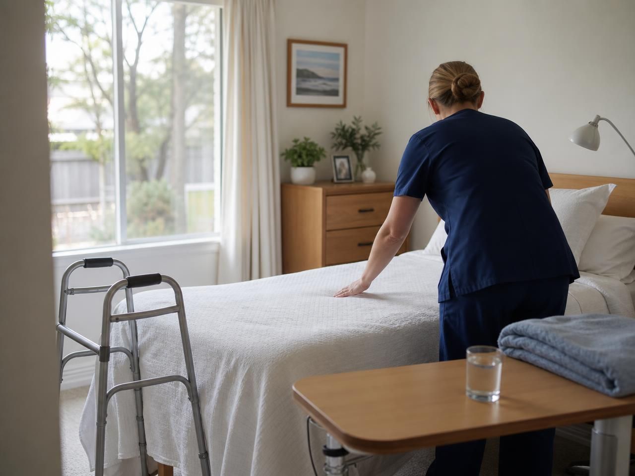 Nurse settling an older man comfortably into his own bed at home after a hospital stay