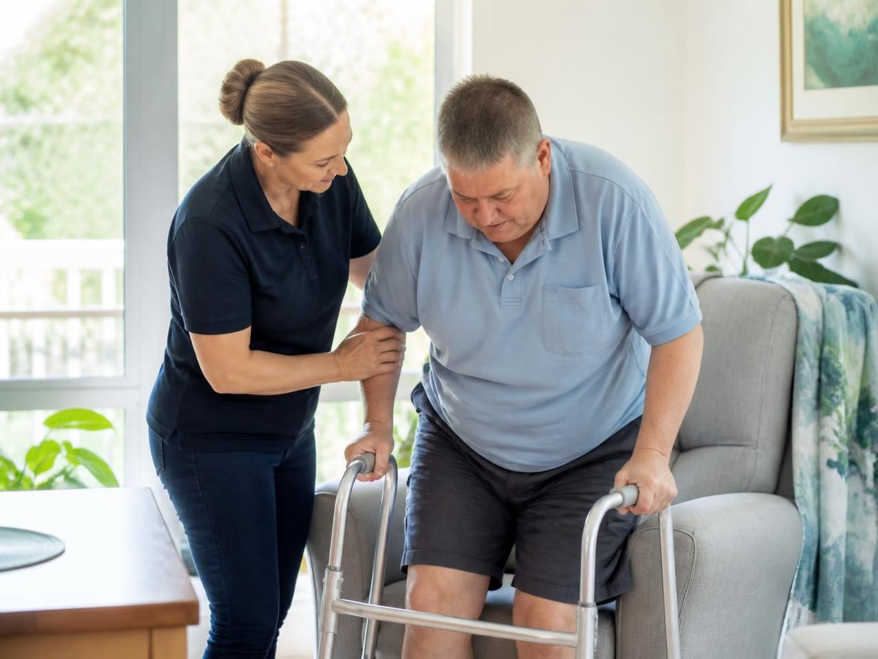 Support worker assisting a client to stand safely with a walking frame in a sunlit living room
