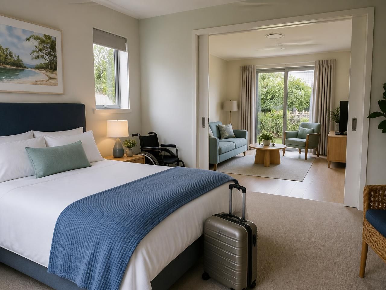 Furnished accessible bedroom and lounge prepared for a supported medium term accommodation stay
