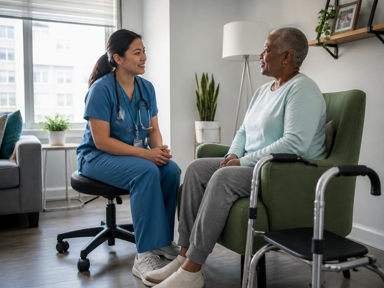 Registered nurse checking in with an adult resident during a supported medium term accommodation stay