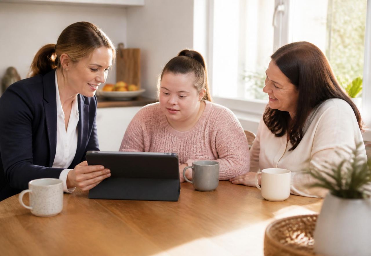 Support coordinator sitting at a bright kitchen table with a participant and family member reviewing supports on a tablet