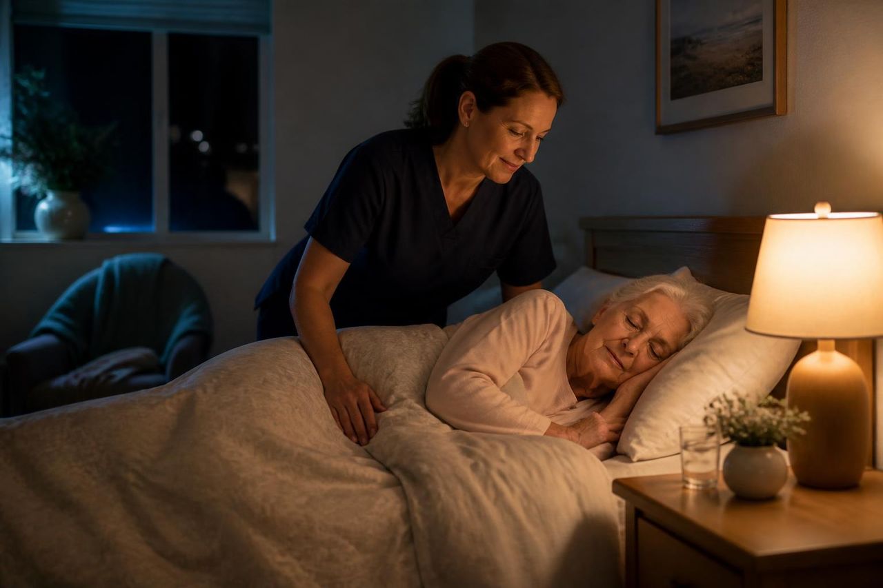 Carer quietly checking on a sleeping older woman in a softly lit bedroom at night