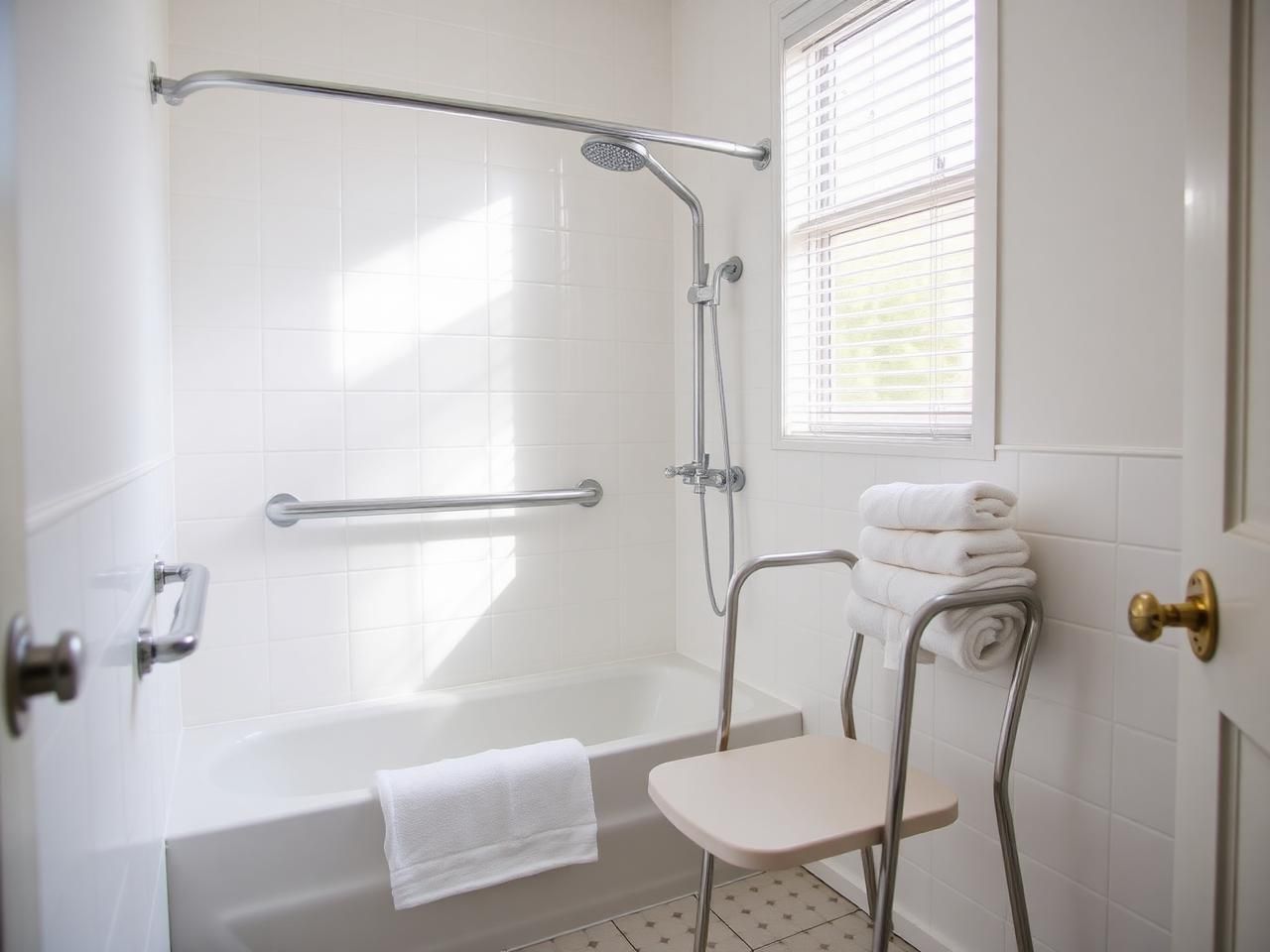 Bright accessible bathroom with grab rails, shower chair and fresh towels ready for a personal care visit
