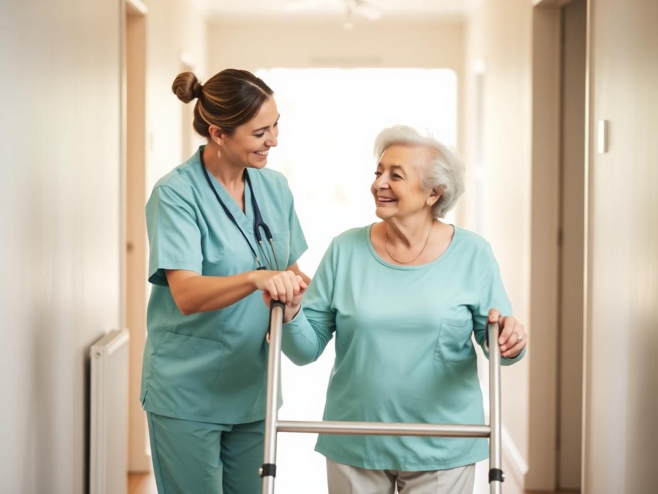 Support worker helping an older woman walk safely with a frame in her own home