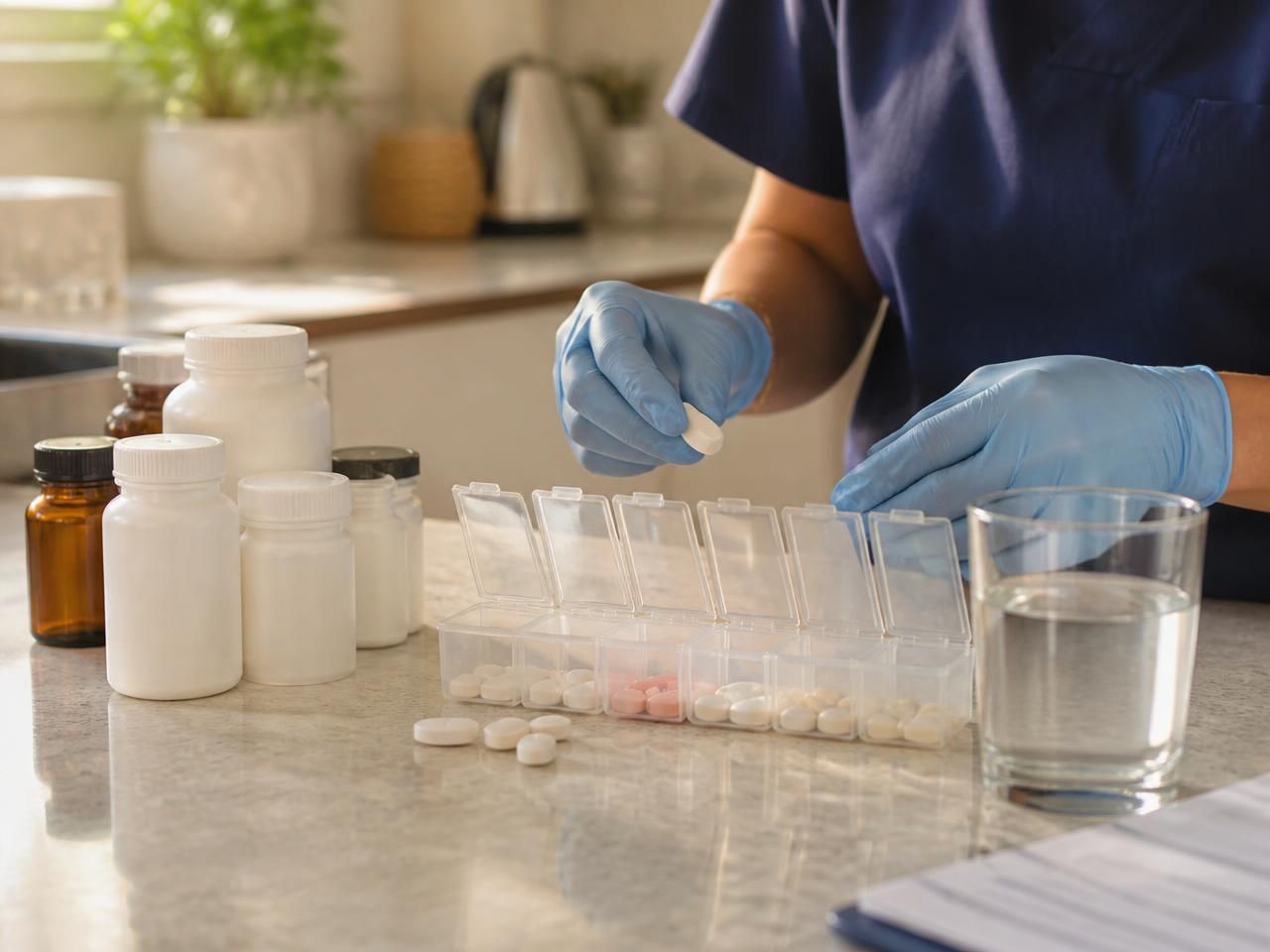 Gloved nurse's hands sorting tablets into a weekly medication organiser on a kitchen bench