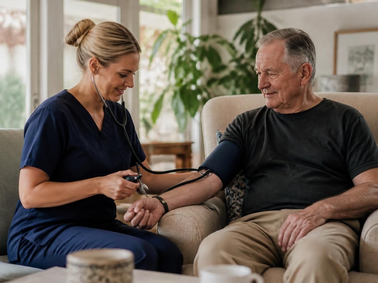 Registered nurse taking an older man's blood pressure in his living room after a hospital stay