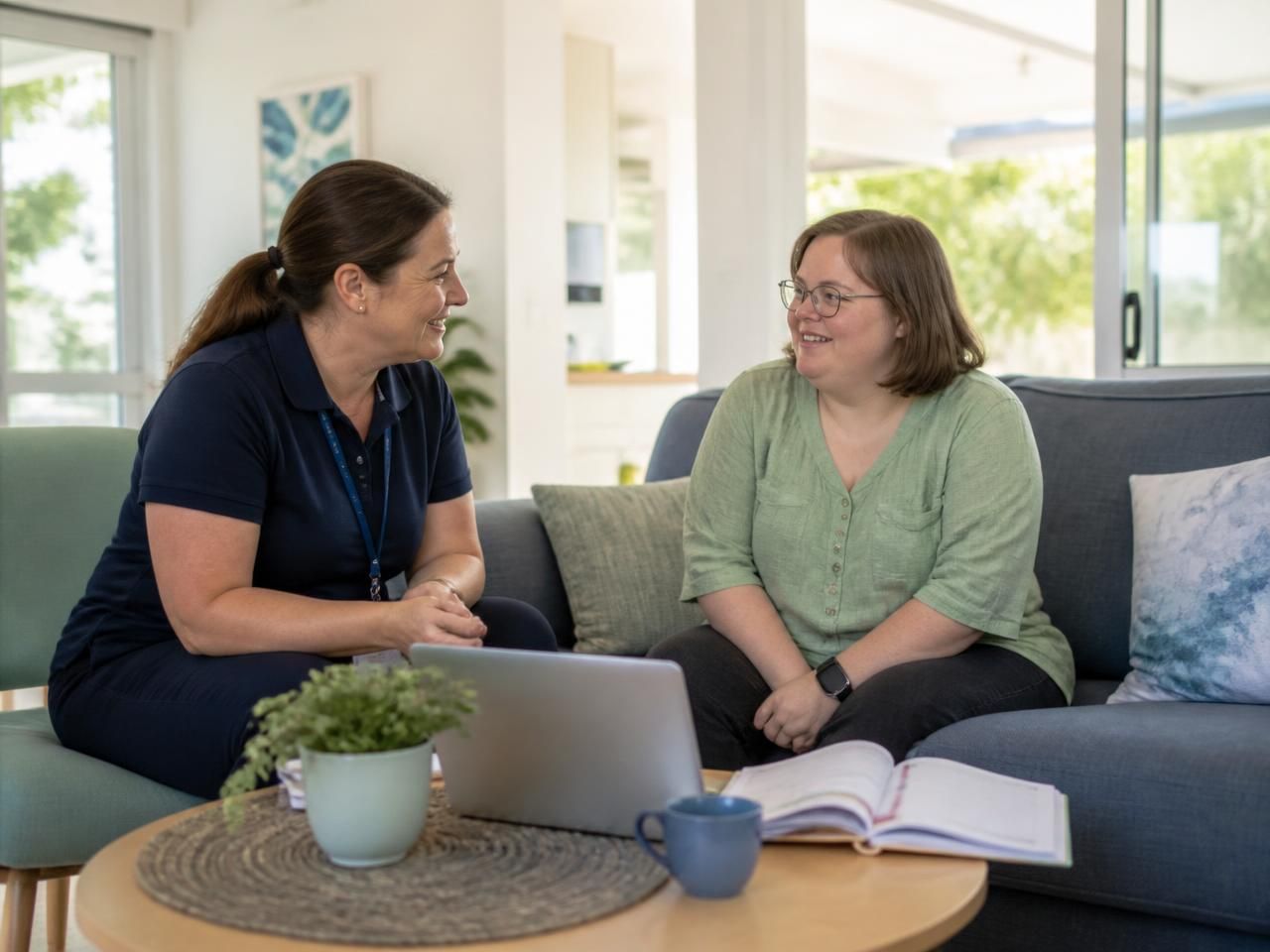 Support coordinator and participant reviewing a weekly support plan together in a sunlit living room