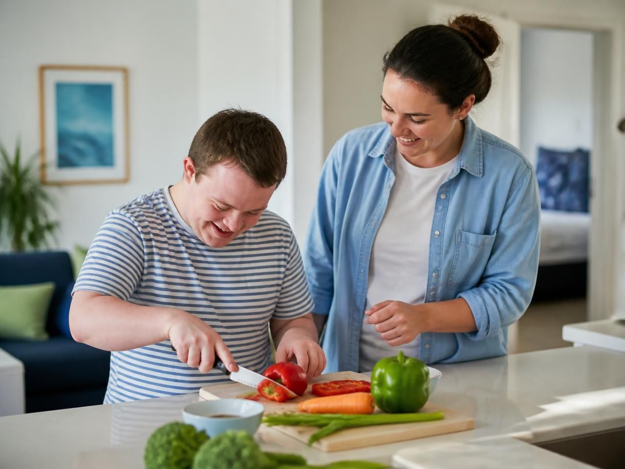 Support worker helping a young man with a disability prepare a meal in a bright shared-living kitchen