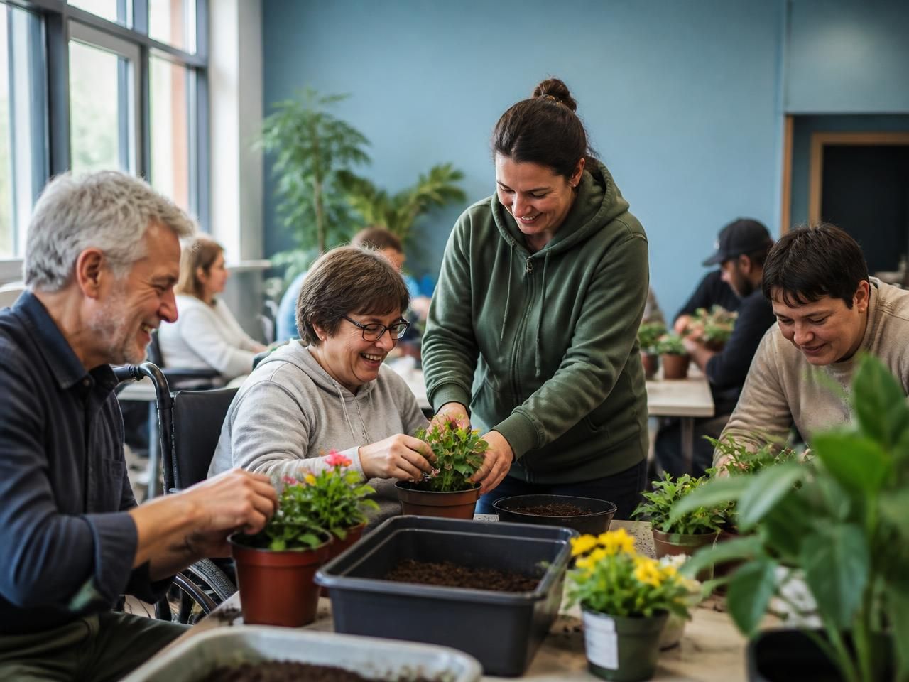 Small group of adults enjoying a gardening activity together in a bright community hall with a support worker assisting