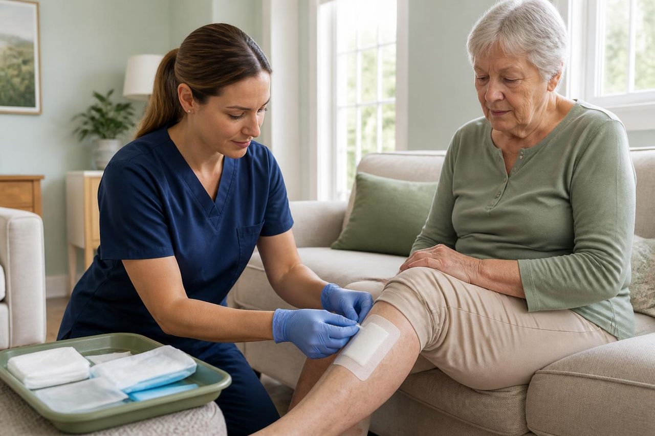 Registered nurse applying a sterile dressing to an older woman's lower leg in her living room