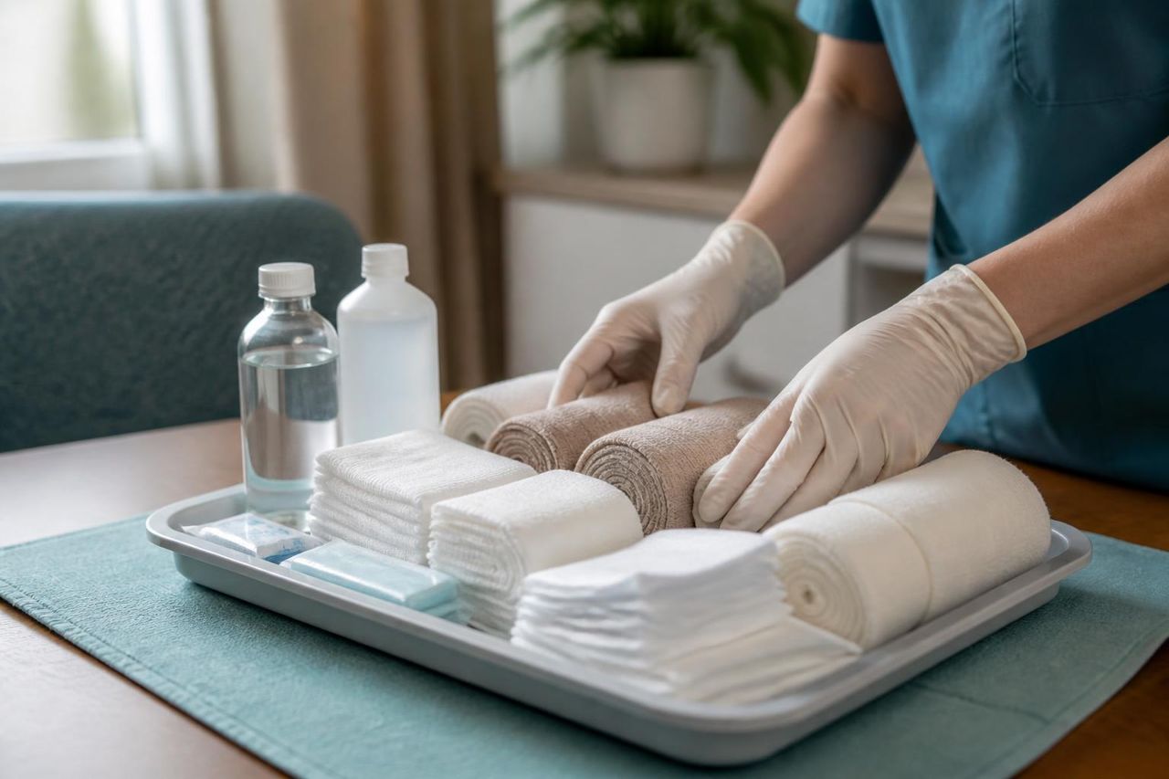 Sterile wound dressing supplies laid out on a tray on a home dining table before a nurse visit